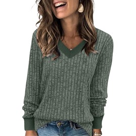 SAMPEEL Sweaters for Women Long Sleeve V Neck Shirts Basic Fall Tops Comfy Pullover Winter Christmas Sweater 2025 Green L
