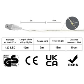 Gresonic Fairy Lights USB 120LED Warm White Micro Copper Wire String Lights Waterproof Low Voltage Indoor Outdoor Decorations for Garden, Wall, Bedroom, Tree, Wedding (Warm White, 120LED USB)