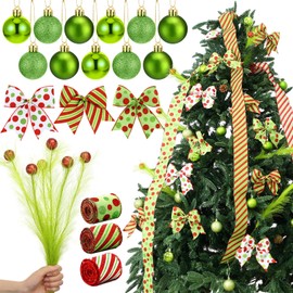 Janinka 39 Pcs Christmas Tree Decorations Lime Green Christmas Ornaments Including Green Furry Xmas Tree Picks Hanging Ornament Bow Wired Ribbon Set for Xmas Gift DIY Wreath Home Decor Party