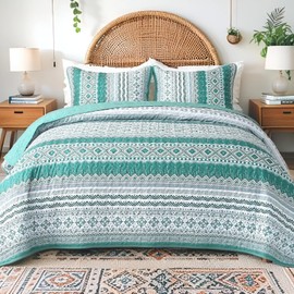 Heymybed Boho Quilt Set Queen Size Green Coverlet Bedspread Bohemian Striped Bed Cover Microfiber Soft Lightweight Bedding Sets for All Seasons (96"×90")
