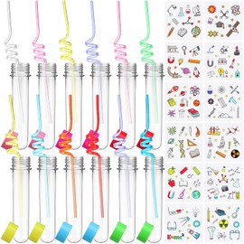 Jingmore 36 Pcs Science Party Theme Cups Set with Silly Loop Straws Science Stickers Plastic Reusable Small Conical Flask Bottles Test Tubes for Birthday Party Decorations(Test Tube)
