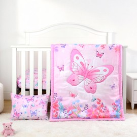 JISEN 3 Piece Crib Bedding Set Soft Baby Butterfly Crib Comforter Set with Comforter, Sheet, Pillowcase - Nursery Bedding for Boys or Girls Pink