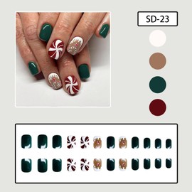 Christmas Press on Nails Short Square Winter Fake Nails Dark Green Full Cover Gingerbread Man Candy False Nails with Designs Glossy Glue on Nails Cute Acrylic Artificial Nails for Women Girls
