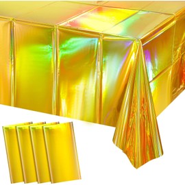 2Pack Iridescent Checkered Plastic Tablecloth, Shiny Disposable Laser Rectangle Table Covers, 54x108Inch Holographic Foil Tablecloth Iridescent Party Decorations Race Car, (Gold)