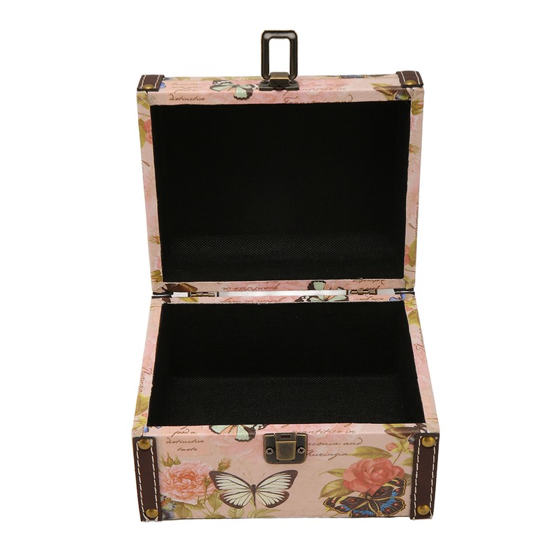 Treasure Chest Box Pink Butterfly Pattern Exquisite Retro Wooden PU