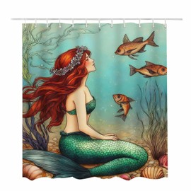 Zaueky Mermaid in The Sea Shower Curtain Fish Seaweed Oil Painting Shell Beauty 100% Polyester Bathroom Decor Set with 12 Hooks Rust - Proof Metal Buttonhole (60×72 Inch)
