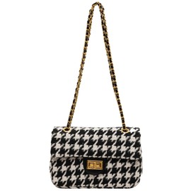 Houndstooth Chain Shoulder Cross body Bag for Women Handbag and purse Fashion Woolen Cloth Clutch, A-black