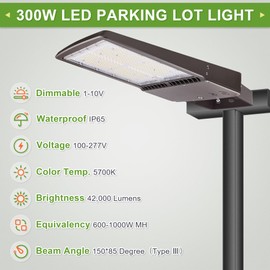 300W LED Parking Lot Lights, 42000LM Dimmable LED Shoebox Flood Lights 5700K Daylight, Yoke/Trunnion Mount Commercial Area Lights for Street, Parking Lot, 100-277V AC UL&DLC Certified