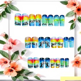 Dolphin Press on Nails Medium Ballet Shaped Sunset Waves Pattern Design Beach Artificial Fingernails Full Cover Glossy Ocean Acrylic Fake Nail Medium Press Ons Stick on Nails for Women 24Pcs