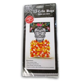 Fall Crafts Día de Los Muertos Sugar Skulls Treat Bags with Header Cards - 15 Count - 4 x 9 Inch (Black & White)
