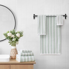 Lucky Brand Reversible Stripe 6 Piece Bath Towel Set - (2) Bath Towels, (2) Hand Towels, and (2) Washcloths - Green/Pink Premium Bathroom Towel Set