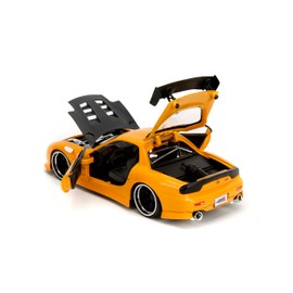 Jada Toys JDM Tuners 1:24 Scale Die-Cast 1993 Mazda RX-7 (FD) HKS, Opening Doors, Detailed Interior, Rubber Tires, Collectible for Ages 8+(Yellow Orange)