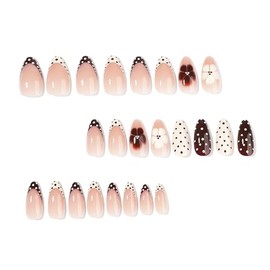 Uñas postizas francesas de punta plana, tamaño mediano, almendra, lunares, flores, 24 unidades.