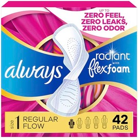 ALWAYS - Almohadillas sanitarias regulares radiantes, tamaño 1, aroma ligero y limpio con alas, 42 unidades