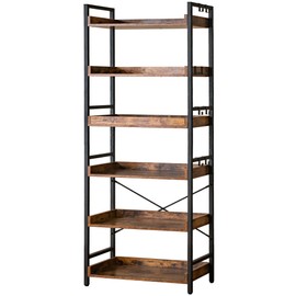 HCHQHS Adjustable 6 Tier Open Bookcase, Rustic Farmhouse Book Shelves, Industrial Wood and Black Metal Bookshelves, Mid Century Bookcase for Home Office Living Room Bedroom