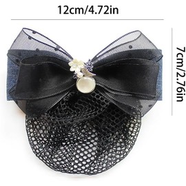 Bowknot Hair Snood Net Barrette Bun Bow Hair Clip Rhinestone Bow Bun Cover Hairnet Elastic Mesh Hair Clips (Black, One size)