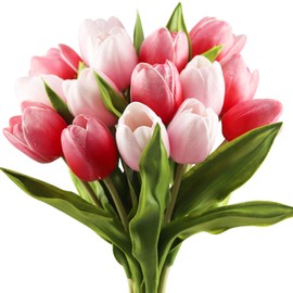 Buart Artificial Tulip in Bulk for Home Kitchen Wedding Bridal Bouquet,Fake Flowers for Valentine's Day Mother's Day Easter Table Centerpieces Decorations(Large Size,Multi Pink,Real-Touch,12pcs)