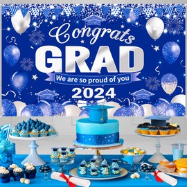 Graduation Party Decorations Banner Navy Blue Silver Congrats Grad Banner Class of 2024 Banner Large Blue Congrats Grad We are So Proud of You Photo Backdrop Banner for School Prom 2024 Party Supplies
