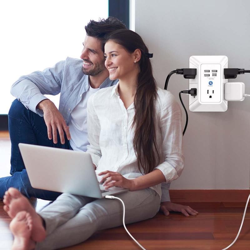 5-Outlet Surge Protector Wall Charger with 4 USB Ports -