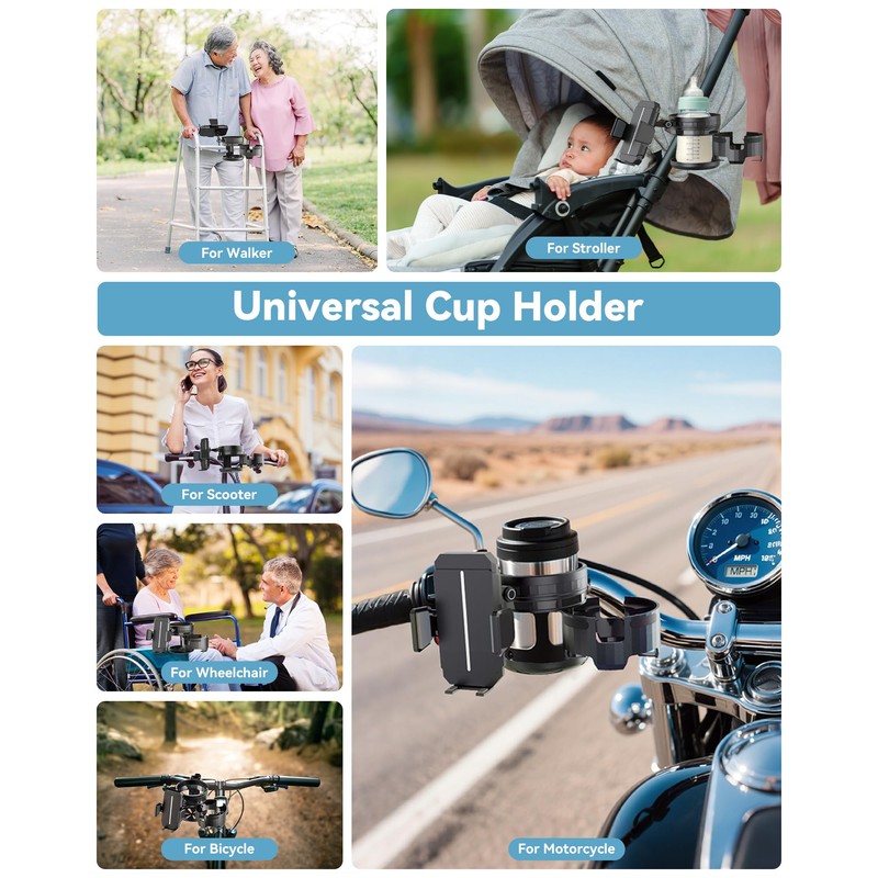 WalkFeel 3-in-1 Universal Wheelchair Cup Holder for Walker, 360° Rotating