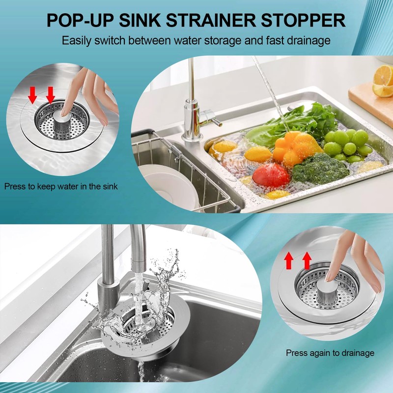 Proxima 3in1 Kitchen Sink Drain Strainer, 304 Stainless Steel Pop