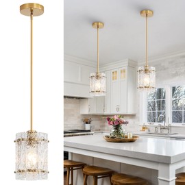RUIBOOXIN Gold Glass Pendant Lights Kitchen Island, Water Ripple Round Pendant Lights Adjustable Modern Hanging Pendant Light Fixtures for Kitchen Island Dining Room Above Sink Foyer Entryway 1 Pack