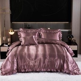 Silk Like Satin Comforter Set with Sheet Set King Size 8 Pieces Blush Pink Satin Bedding Set Silky Ruffle Pattern Home Deocr Luxury Silky Comforter Set with 1 Cushion Cover