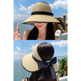 Women Ponytail Hole Sun Straw Hat Uv SPF UPF 50 Visor Widebrim Open Top Large Head Packable Roll Up Travel Beach (US, Alpha, One Size, AC Beige)