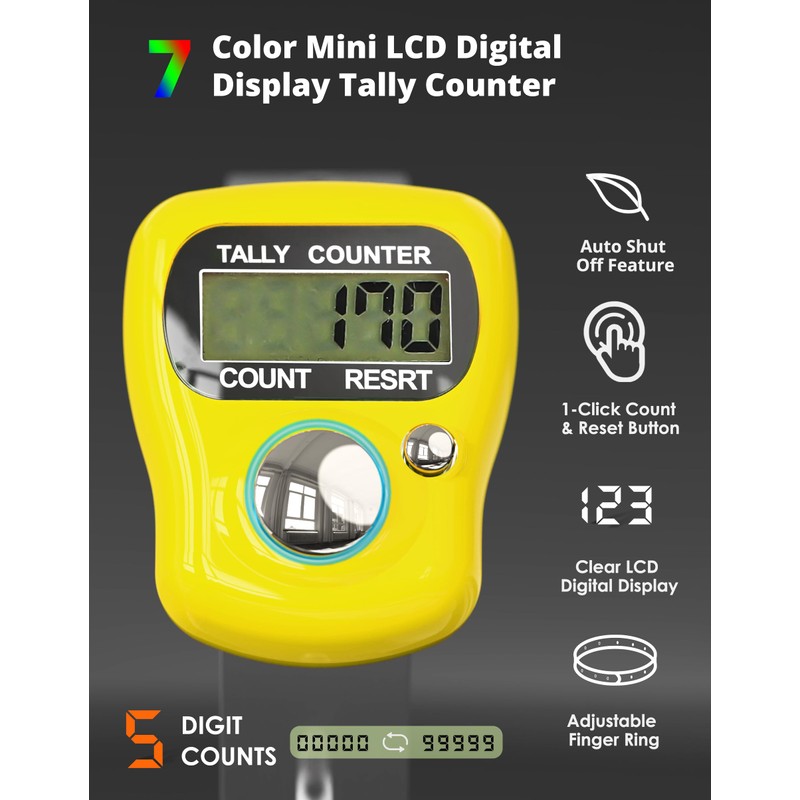 KTRIO Pack of 7 Colors Electronic Finger Counter, 5-Digit Number