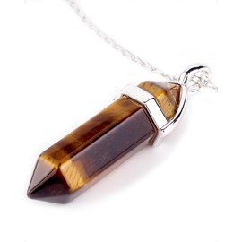 LAVISA Obelisk Gemstone Necklace, Pendant, Real Crystal Chain, Rose Quartz Amethyst, Natural Stone, 55 + 5 cm, Stainless Steel