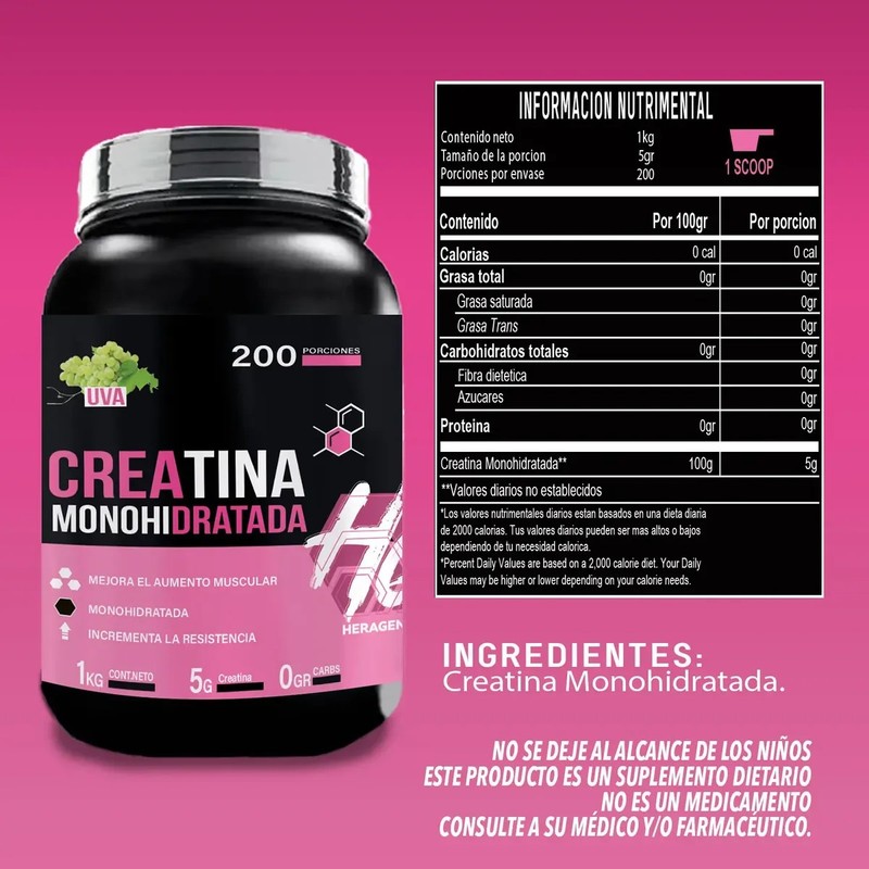 Creatina Monohidratada Suplemento Polvo 1kg Heragen 200servi