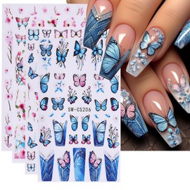 Butterfly Flower Nail Stickers - 4pcs Spring Flowers Nail Art Stickers Colorful Floral Leaf Plant Nail Decals Self-Adhesive Nail Supplies French Manicure Flower Glue Sticker for Nails Art Decoration