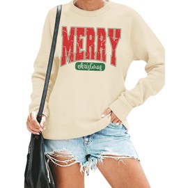 Zylkor Merry Christmas Sweatshirt for Women Christmas Vibes Sweater Holiday Christmas Tops Christmas Letter Printed Sweater Beige