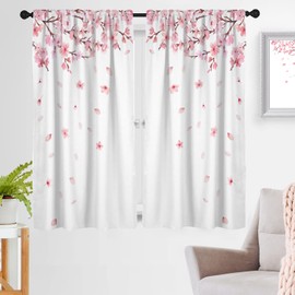 zokyer Pink Floral Window Curtain Flowers Cherry Blossom White Art Girls Botanical Plant Rustic Country Farmhouse 42" W x 63" L Curtains Set for Living Room Bedroom Bathroom 2 Panels Rod Pocket Drapes