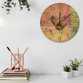 15'' Silent Non-Ticking Wall Clocks Battery Operated Farmhouse Rooster Animal Home Decoration for Patio Chicken Garden Flowers Floral Decorative Round Wooden Wall Clock Vintage for Auto Shop Washroom