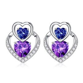 Iefil 925 Sterling Silver Stud Earrings for Women, Amethyst Tanzanite Earrings, Heart Birthstone Earrings Gifts for Women