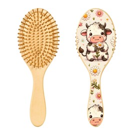 ALAZA Cute Cow Daisy Flower Hair Brush for Women Men Natural Wood Detangler Brushes for All Hair Types Hairbrush for Wet & Dry