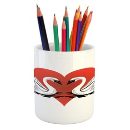 Ambesonne Love Pencil Pen Holder, Swimming Couple Swans on Lake Hearts on Plain Backdrop Pattern Valentines Day, Ceramic Pencil Holder for Desk Office Accessory, 3.6" X 3.2", White and Vermilion
