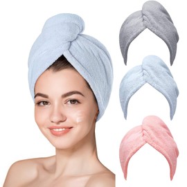 Microfiber Hair Towel, Turban 3 Pcs Hair Turbans for Wet Hair,Hair Drying Towel with Button,Head Towel to Dry Hair Quickly Drying Hair Wrap Towels for Girls with All Hairstyles (Blue,Grey,Pink)