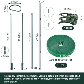 2 Set Metal Plant Sticks Support Tall 48 Inch Adjustable Plants Stem Support Rod Amaryllis Holder Stake Garden Flower Rings with 20PCS Clips 16.5' Plant Ties for Outdoor Indoor Plants