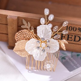 Qiansail Flower Girl Hair Combs Wedding Rhinestones Headpieces with Leaves Bridal Pearl Hairpins Hair Accessories for Women and Bridesmaid (Gold)
