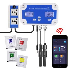 Smart pH ORP Controller Aquarium pH Monitor Wi-Fi for pH/ORP/Temp Measurements in Water w/Calibration, 3 in 1 Nutrient System Dual-Plug Fit with CO2 Bottle & O3 Generator for Hydroponics Plants