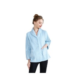 Women's Plus Blue Drop Needle Coral Fleece Shawl Collar Button Front Bed Jacket, Light Blue, 3X