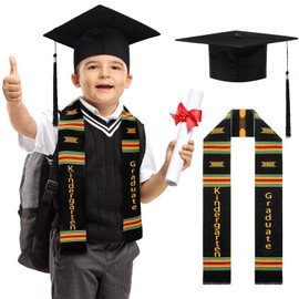 Jiuguva 2 Pcs Kindergarten Preschool Graduation Stole and Caps Set Child Size Kente Style Graduation Sash Hat with Tassel