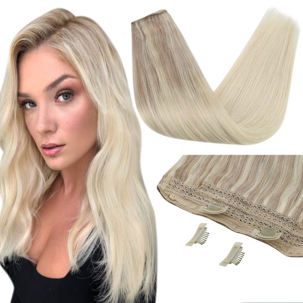Sunny Fish Line Hair Extensions Ombre Blonde Real Human Hair Fishing Line Extensions Ash Blonde Ombre Platinum Blonde Hidden Wire Hair Extensions #Nordic Fish Wire Extensions 14inch 80g