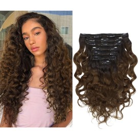LacerHair Ombre Two Tone Natural Wave Human Hair Curly Clip in Hair Extensions 16Inch 120G 7Pcs Double Weft Natural Black Fading into Chocolate Brown Clips in Full Head Wavy Thick Real Remy Hair
