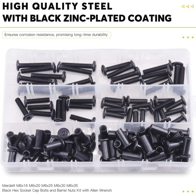 Mardatt 120pcs 5 Sizes M6x16mm/20mm/25mm/30mm/35mm Black Hex Socket Cap Bolts