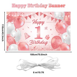 1st Birthday Backdrop Banner,BTZO Happy 1st Birthday Decorations Rose Gold Pink Newborn Girls Boys First Birthday Backdrop Photography Background Baby Shower Banner