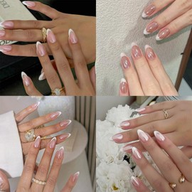False Nails – French Tip False Nail - Almond Fake Nails - Glossy Nude & White – Glossy Full Coverage, Includes Tool for Easy Nail Art – Perfect Art for Women