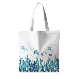 ignytiger Beach Tote Bag, Watercolor Sea Turtle Jellyfish Seaweed Canvas Tote Bags for Women, Gifts for a Beach Lover, Under the Sea Decor Reusable Grocery Shopping Bags
